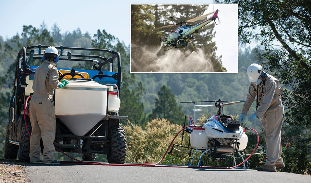 The future is here. Drones are currently being used for spraying in the agriculture industry and are finding their way into maintenance of rights of way as well. Photos courtesy of www.yamahaprecisionagriculture.com.