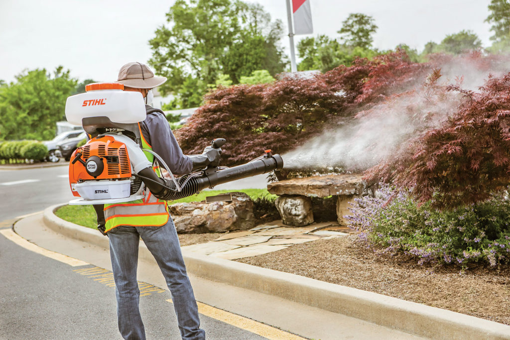 The newer Stihl backpack sprayers, including the SR-450 shown here, are unique in that the chemical is injected into the air stream of a device that’s basically a leaf blower, and creates a mist. Photo courtesy of Stihl.