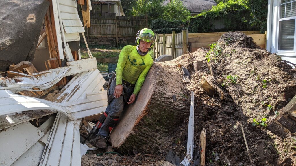 Arborist works on cleaning up storm debris.