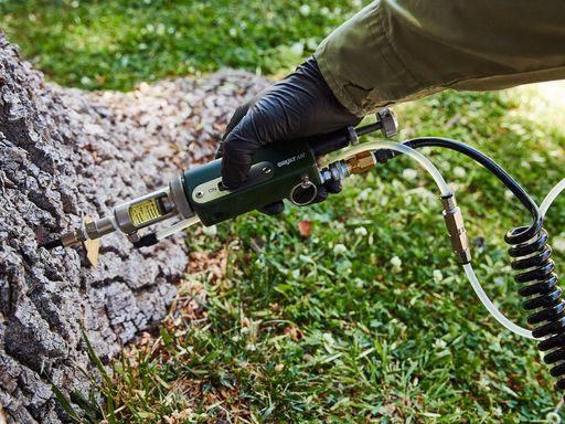 Tree-injection technology is seen as an alternative to banning individual control products in many states, according to Arborjet's Rob Gorden. Shown here is Arborjet's QUIK-jet Air injection tool. Photo courtesy of Arborjet.