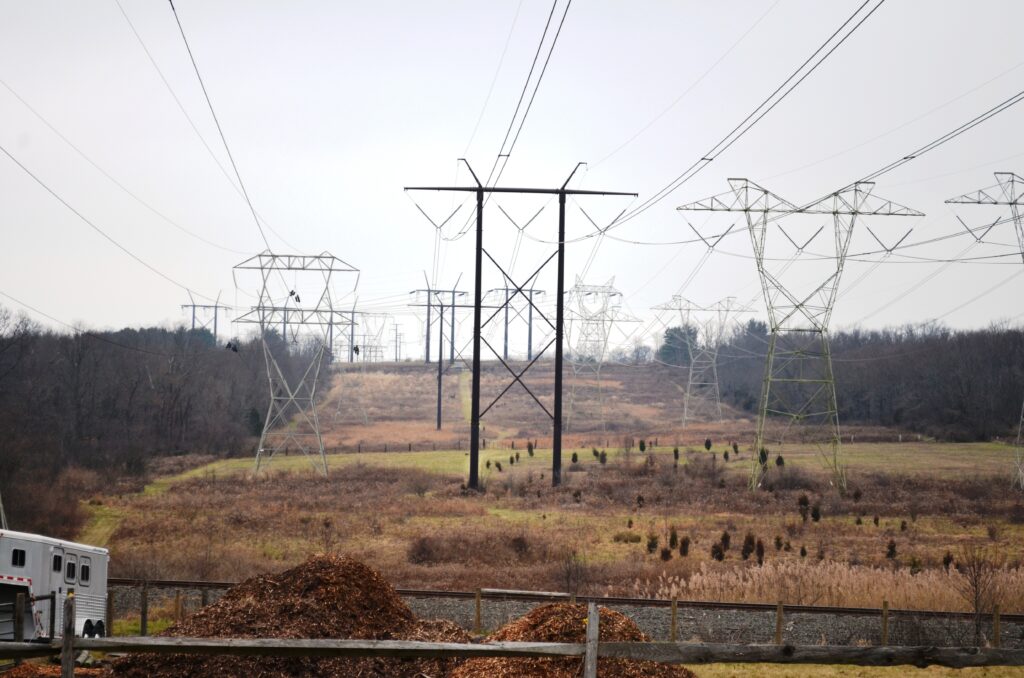 Open land with electricity transmission lines