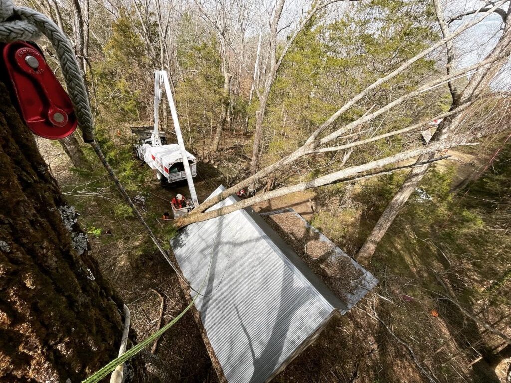 Aerial view looking down at a metal roof with a tree banch and a worker in a white bucket truck
