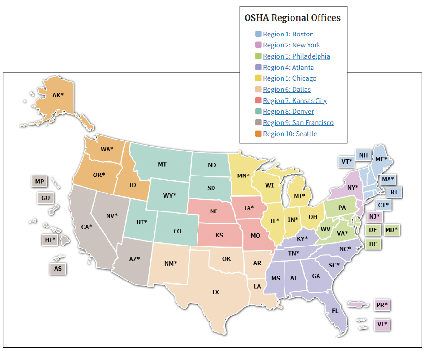 Map of OSHA regions. Courtesy of OSHA.gov.