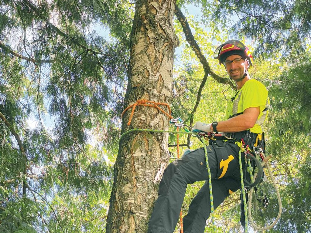 Craig Bachmann is shown here employing a choking spar anchor. While working a spar, a separate climbing system with a cinching anchor must be in use with our positioning lanyard.