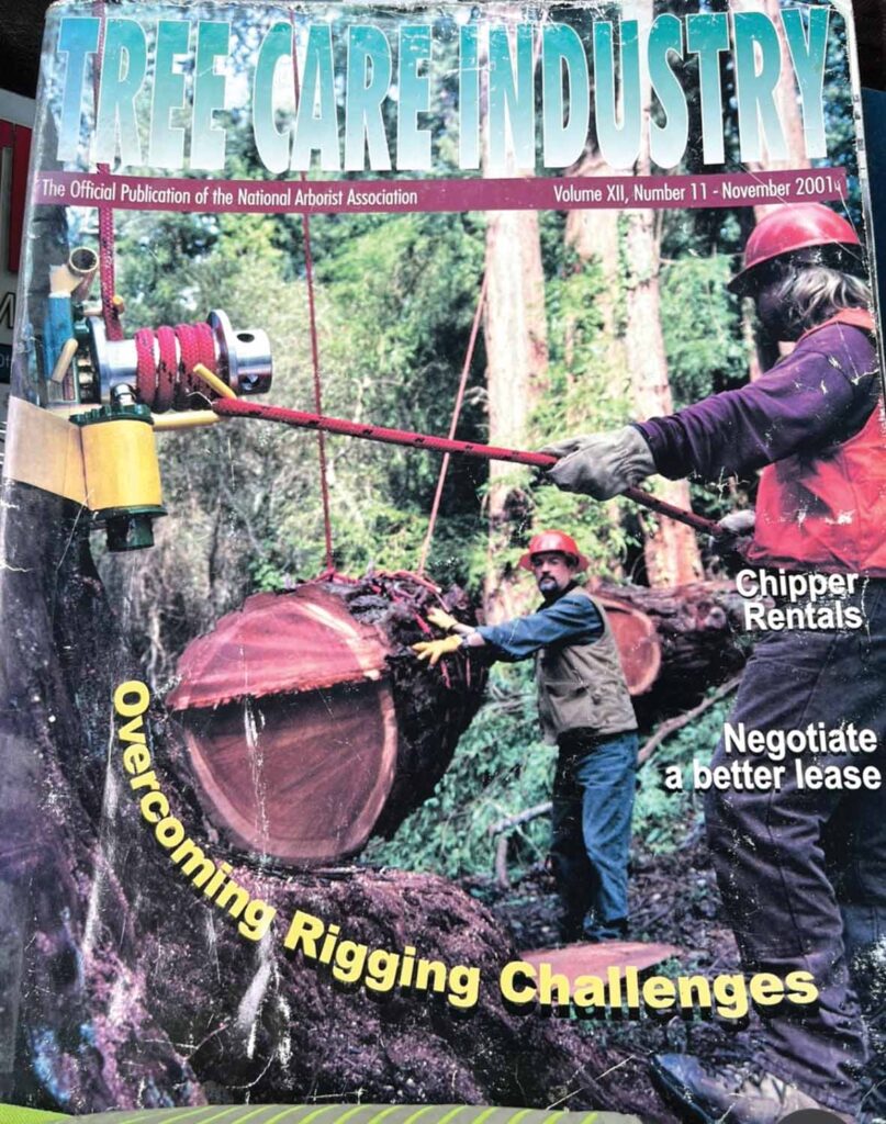 Photo 3: Don Blair’s memorable redwood-tree removal, described in the November 2001 issue of TCI Magazine.