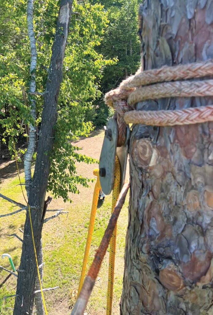 Photo 5: Rigging set with five-eighths-inch Hobbs Block (WLL 4,000 pounds), three-quarter-inch Samson Tenex dead-eye sling (WLL 2,200 pounds) and five-eighths-inch Sterling Atlas rigging line (SWL 1,800 pounds, using a 10:1 safety factor).
