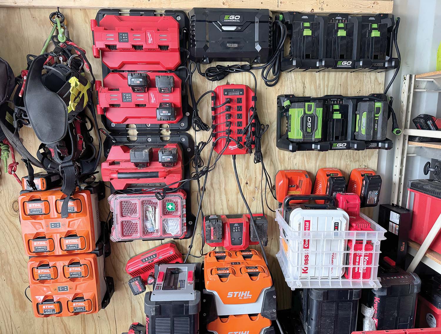 Stihl, Ego and Kress join Milwaukee in offering an array of battery-charging and -storage options.