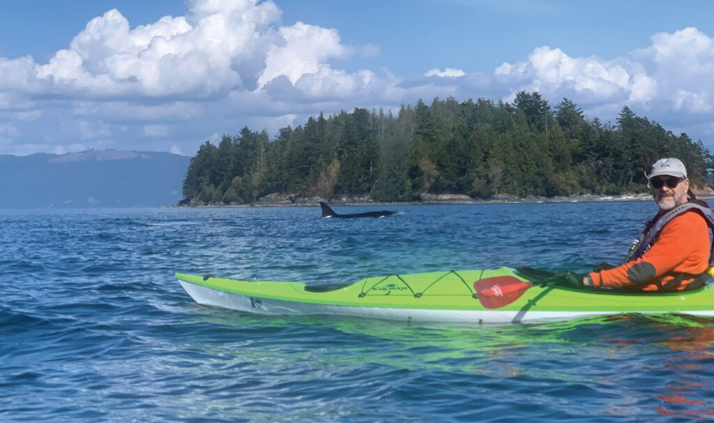 Tom Smiley is joined by an orca, or killer whale, while paddling in the waters off the Washington coast.